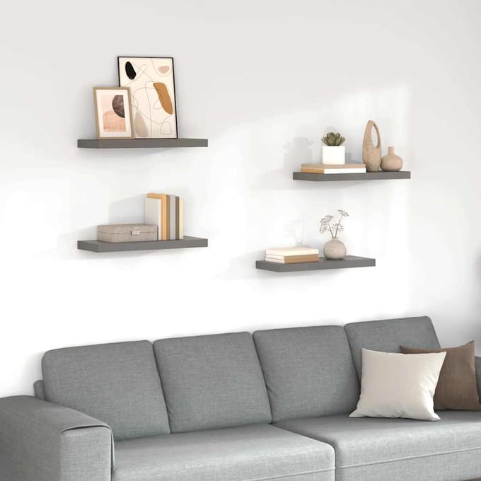 vidaXL - Wandschappen - zwevend - 4 - st - 60x23,5x3,8 - cm - MDF - hoogglans - grijs