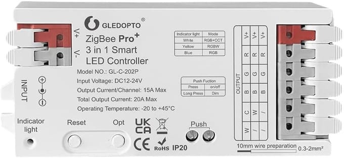 Ledcontroller 3-in-1 voor ZigBee | 20A, Max 15A per kanaal | RGBCCT RGBW RGB Dimmer | Geschikt voor Smart Home