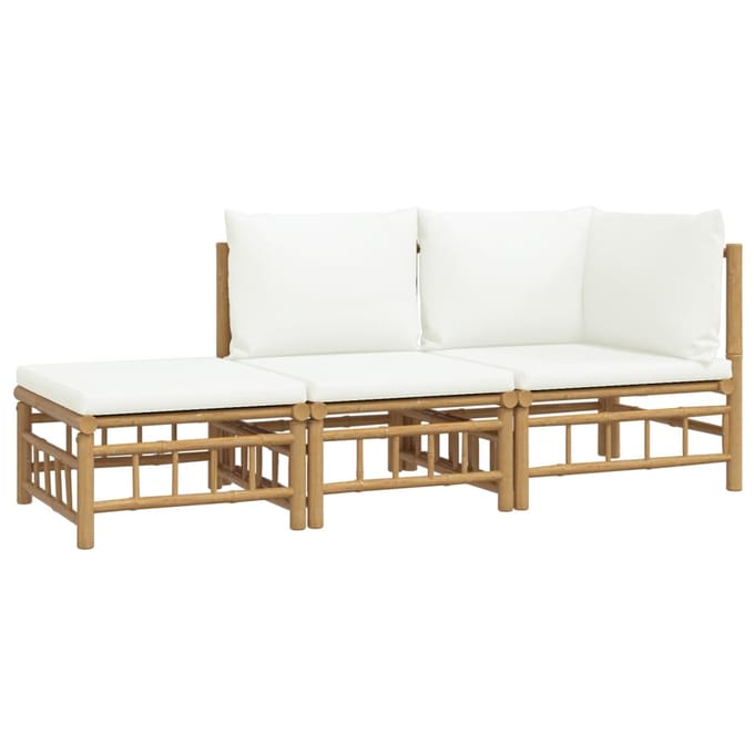 vidaXL - 3-delige - Loungeset - met - kussens - bamboe - crèmewit