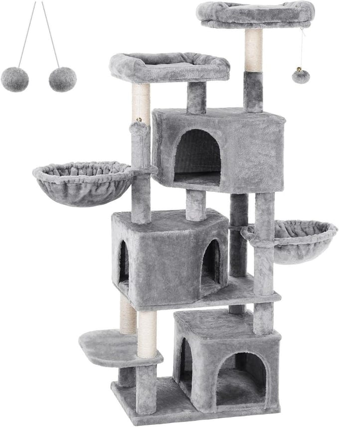Hoppa! - Krabpaal Groot met 3 Kattengrotten - Grijs - 41 x 56 x 164 cm (L x B x H)