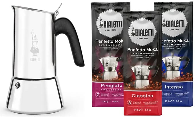 Bialetti Venus Percolator RVS 4 kops + Bialetti koffie proefpakket 3 x 250gr