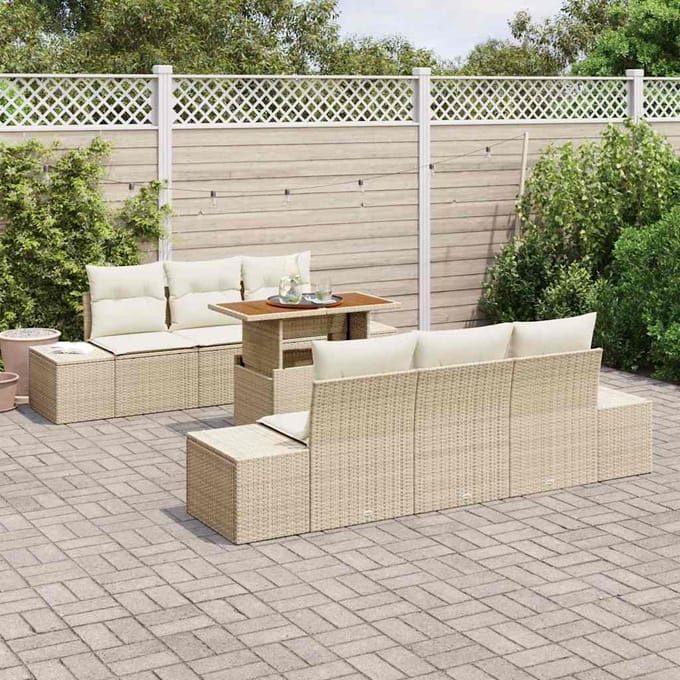 vidaXL - Tuin - Eettafel - Set - met - kussen - 7 - pcs - Beige - en - Crème
