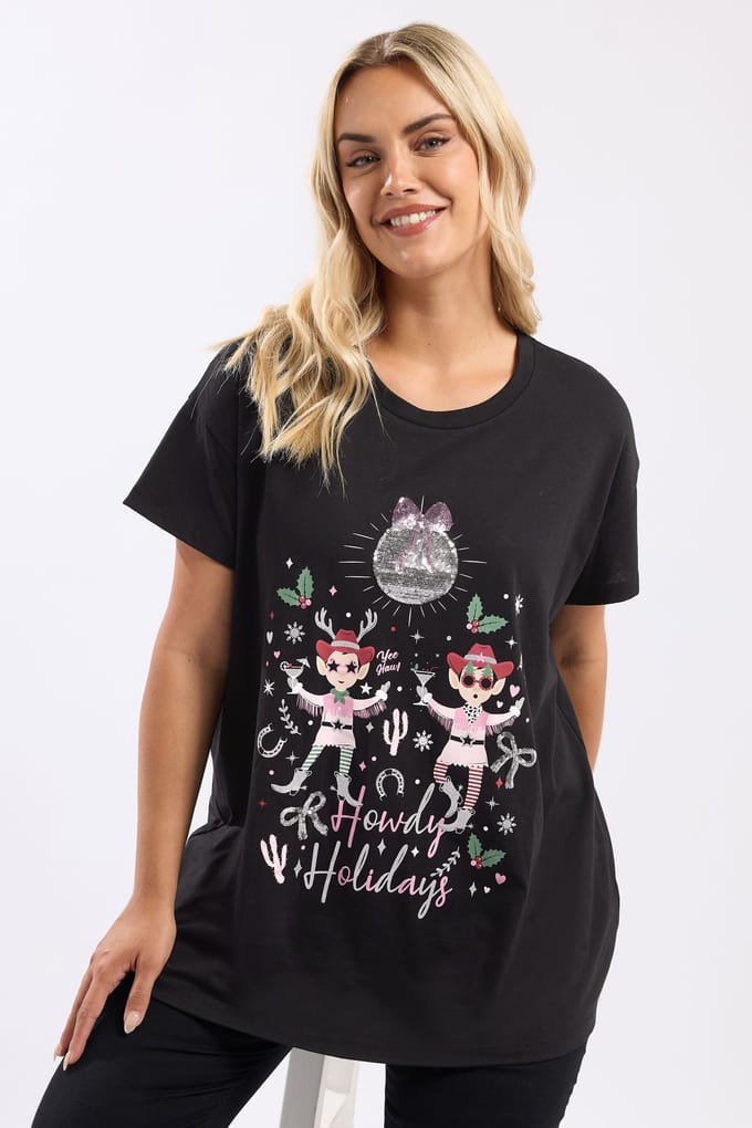 Yours Zwart 'Howdy Holidays' Tshirt Met Paillettenversiering Size 48