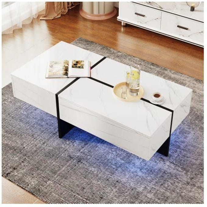 Table basse - MUVOE - Imitation marbre blanc - Éclairage LED - 3 tiroirs - 100x50x34.5 cm