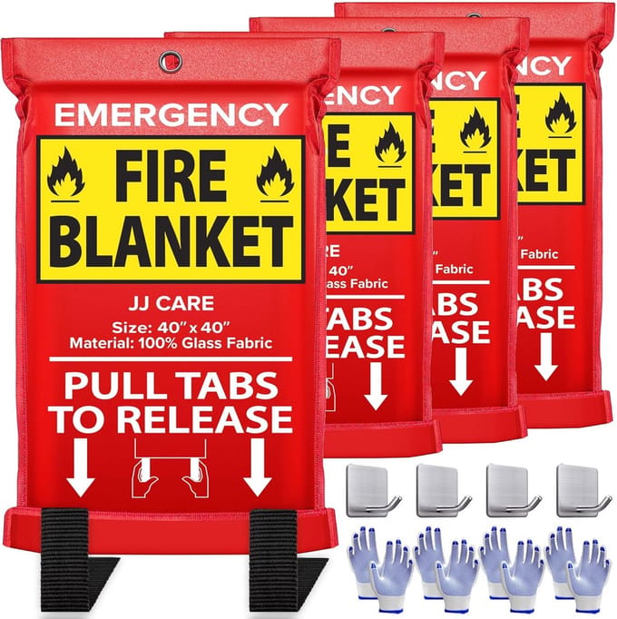 [Pack of 4] Fireproof Blanket with Fireproof Gloves + Hooks - Suitable for Camping, Grilling, Kitchen Safety, Car and Fireplace Retardant Blanket for Emergency