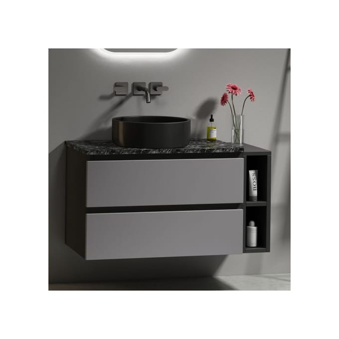 Meuble sous-vasque suspendu - MUVOE - Design moderne - 80 cm - Vasque céramique noire - Tiroirs gris