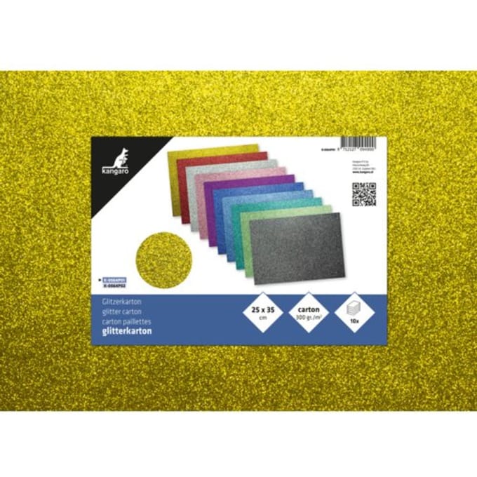 Kangaro glitterkarton, formaat 25 x 35 cm., 300 grams, pak 10 vel à 10 kleuren