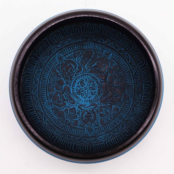 Aardepoeder klankschaal - Blauwe Mantra Vijf Boeddha - 16 cm