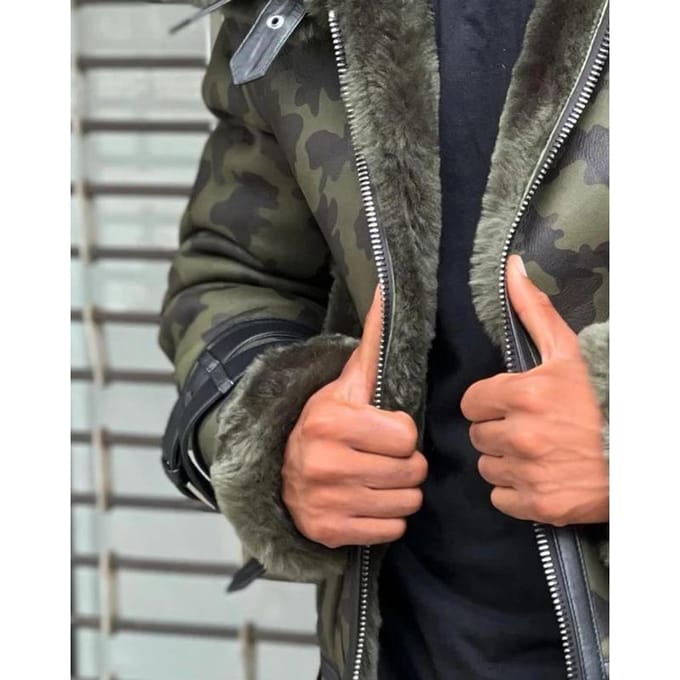 Camouflage Groot Haar Dubbele Nek Riemgesp Heren Leren Jas L gray