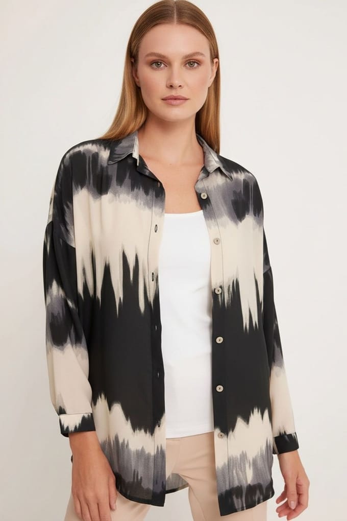 Overmaatse Abstracte Geweven Langarmshirt met Knopsluiting