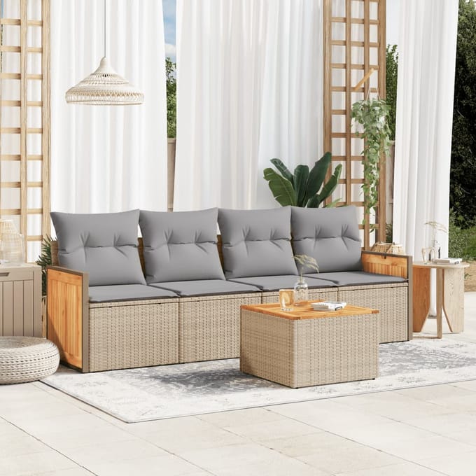 vidaXL - 5-delige - Loungeset - met - kussens - poly - rattan - beige