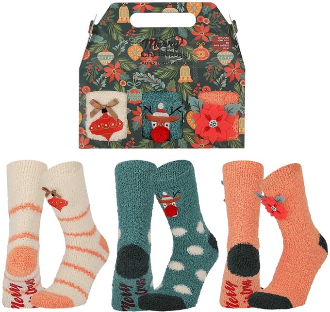 Apollo Dames Sokken Kerst Print Chenille Bedsokken Giftbox 3-Pack - Maat 36/41