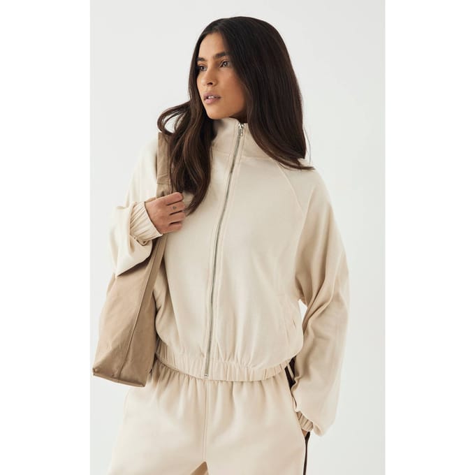 Dames DSGN Studio Geribbelde Zip-Through Trechternek Bomber | Stone | Maat: XL