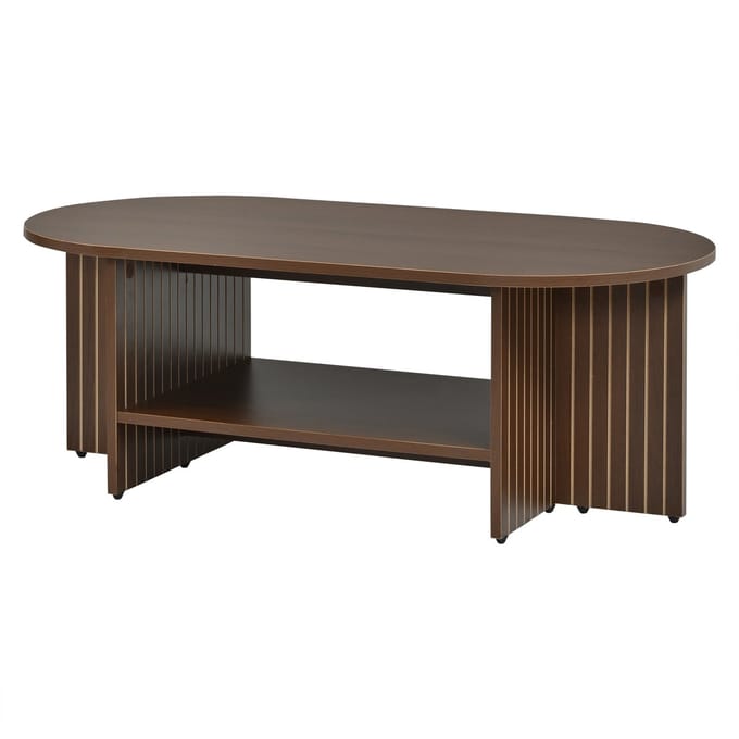 Ovale Salontafel Walnoot - Met Opbergruimte - Modern Geribbeld Design MDF - Woonkamer - 100x49x35 cm