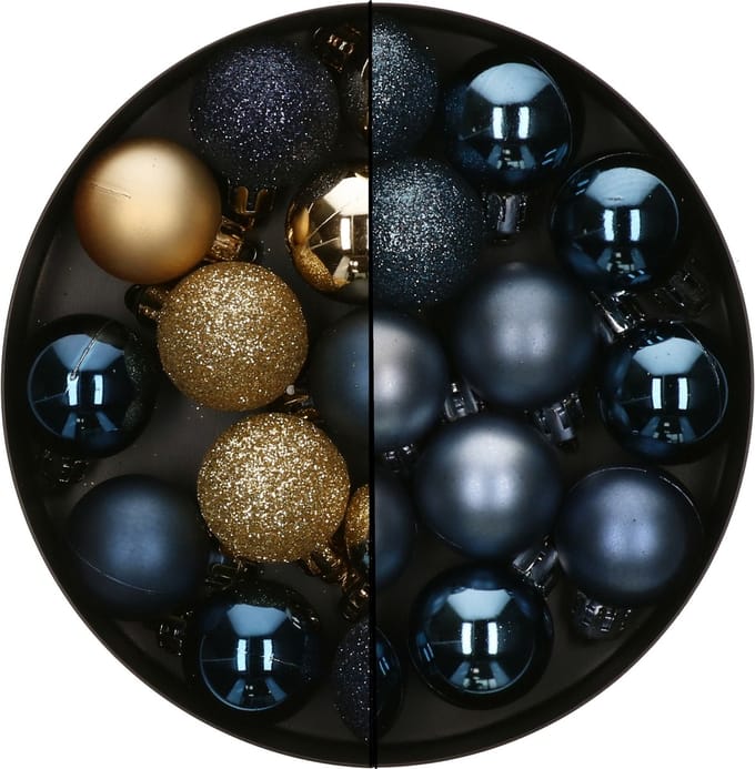 Atmosphera Mini kerstballen - 36x - donkerblauw/goud - 3 cm - kunststof - kerstversiering
