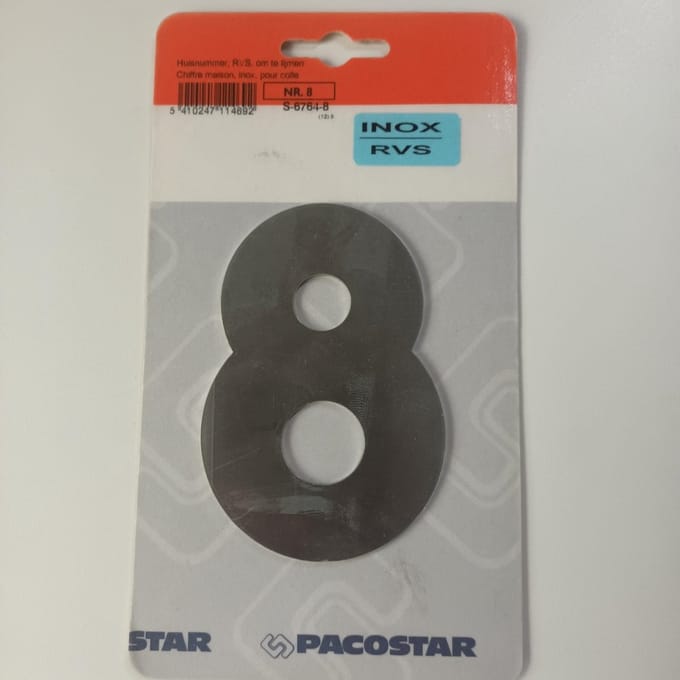 Huisnummer "8" Pacostar Inox RVS Lijm 103mm