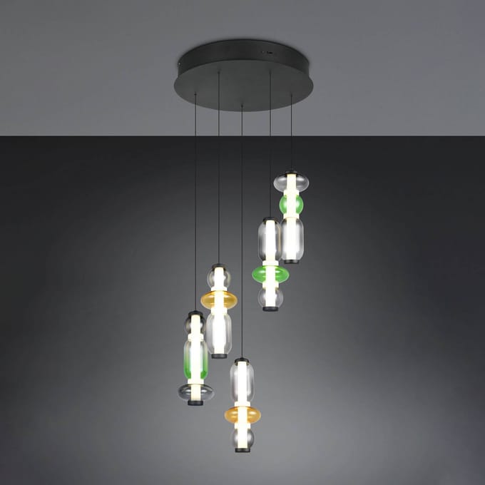 Trio Lighting LED hanglamp Minerva, Ø 42 cm, kleurrijk, glas, CCT, 5-lamps.