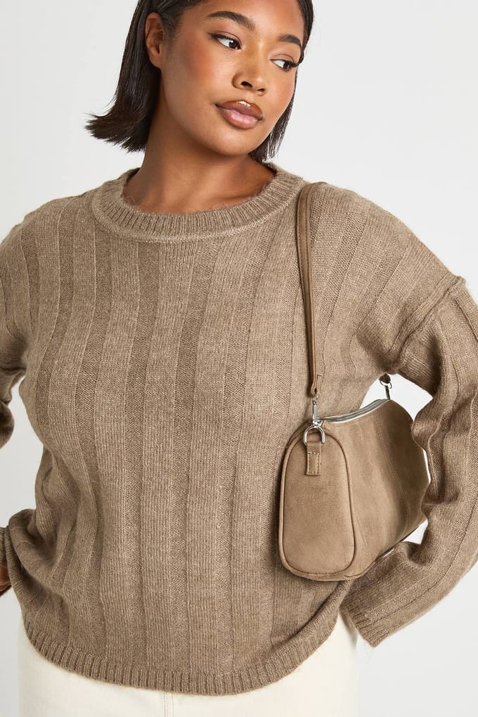 boohoo Dames Plus Soft Wide Rib Oversized Trui | Mokka | Maat: 46
