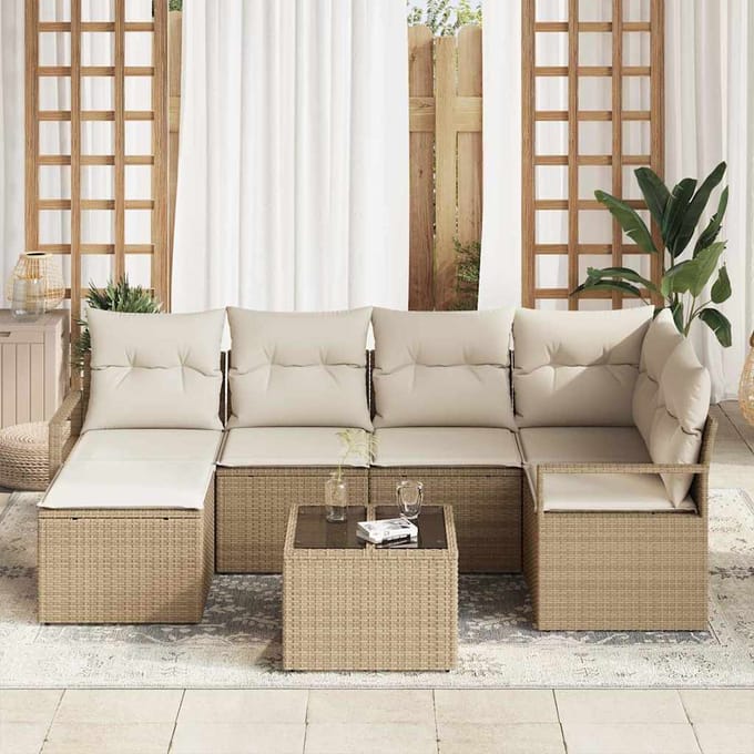 vidaXL Bankstel met kussen met opslag 7 pcs Beige en Crème poly rattan