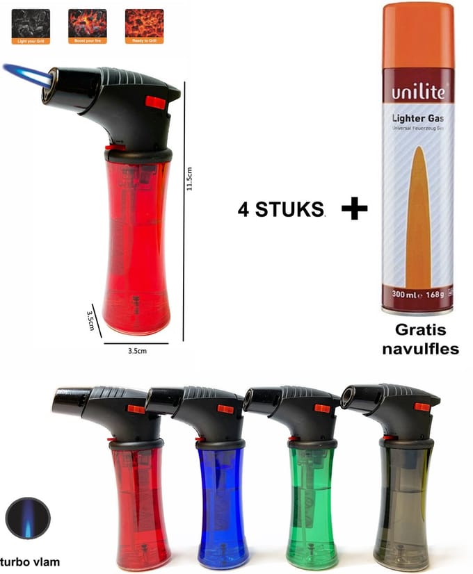 Crème Brûlée Brander set van 4 stuks + Unilite Gas fles