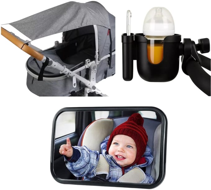 Complete Baby Accessoires Set – Kinderwagen Fleshouder, Schaduwdoek & Autospiegel