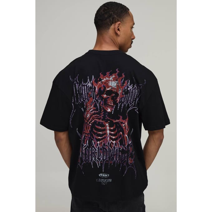 Oversized Skeleton Worldwide Large Scale Print T-Shirt | Black | Size Medium