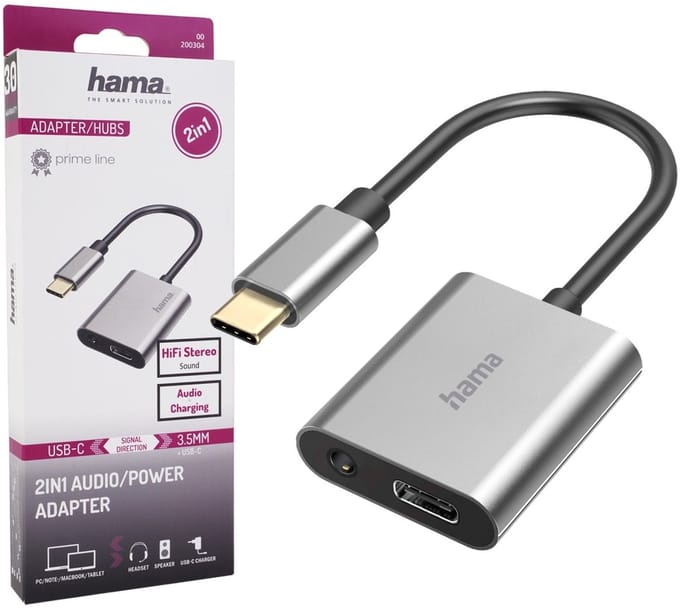 Hama Audio-adapter 2in1 USB-C-St. - 3,5-mm-jack/USB-C-aansl. Audio + Opladen