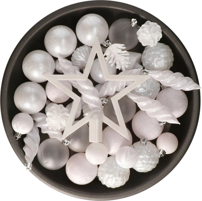 Decoris kerstballen, ornamenten en piek set - 60-delig - wit - kunststof - kerstversiering