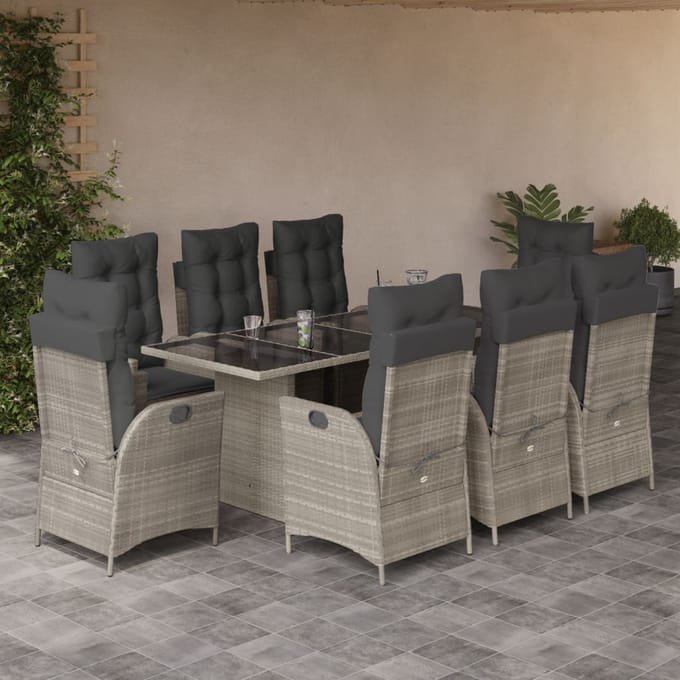 vidaXL - 9-delige - Tuinset - met - kussens - poly - rattan - lichtgrijs