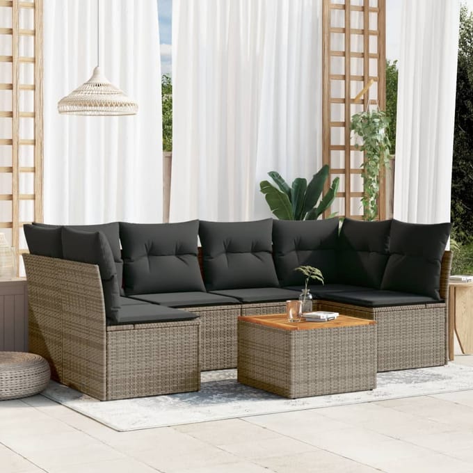 vidaXL - 7-delige - Loungeset - met - kussens - poly - rattan - grijs