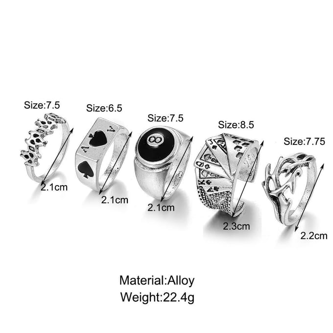 5-Delige Set, Ring Retro Schoppen A Kaart Ringen Creatieve Persoonlijkheid Gewrichtsring Set brown