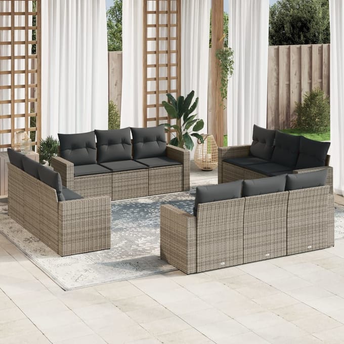vidaXL - 12-delige - Loungeset - met - kussens - poly - rattan - grijs