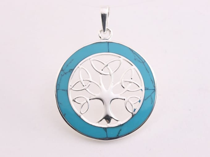 Ronde zilveren levensboom hanger met blauwe turkoois