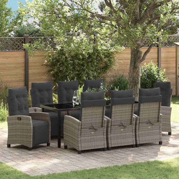 vidaXL - Tuin - Eettafel - Set - 9 - st - Grijs - poly - rattan