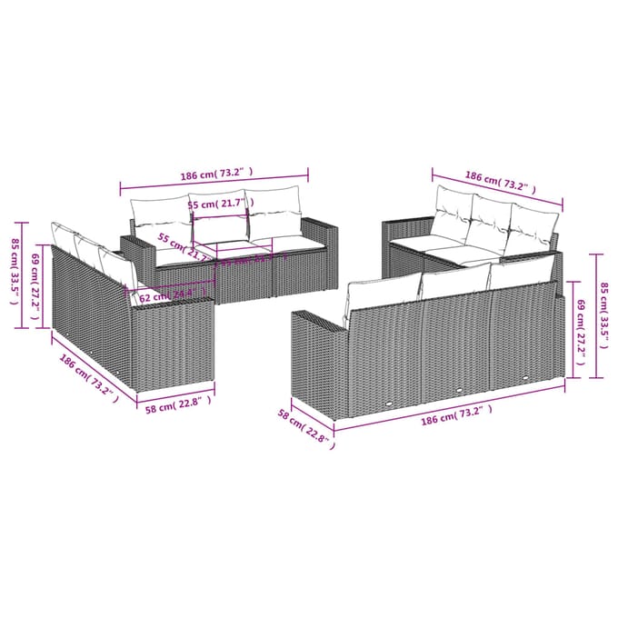 vidaXL - 12-delige - Loungeset - met - kussens - poly - rattan - grijs