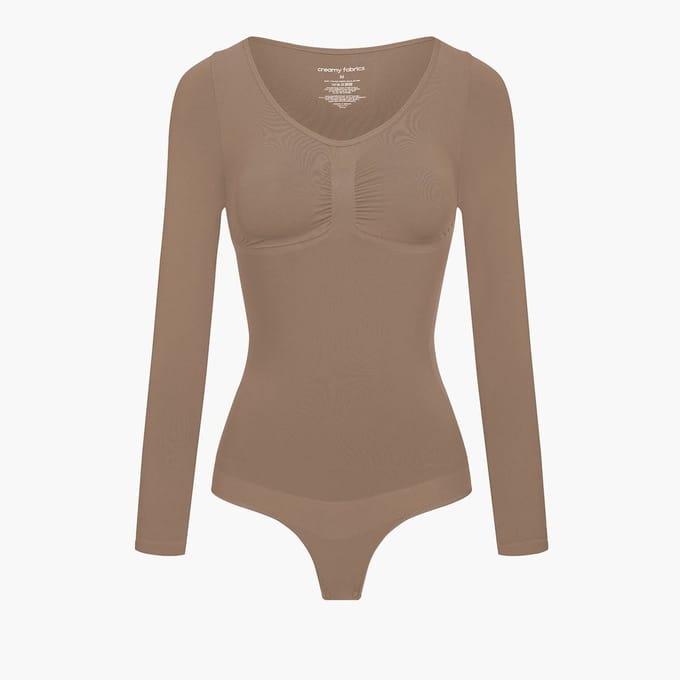 cfab - Bodysuit met corrigerende werking, lange mouwen en koord - Caramel - 3XL