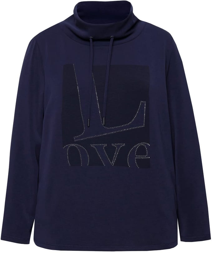 Ulla Popken - Dames - Sweatshirt Love opstaande kraag lange mouwen - Marine - Maat 46+