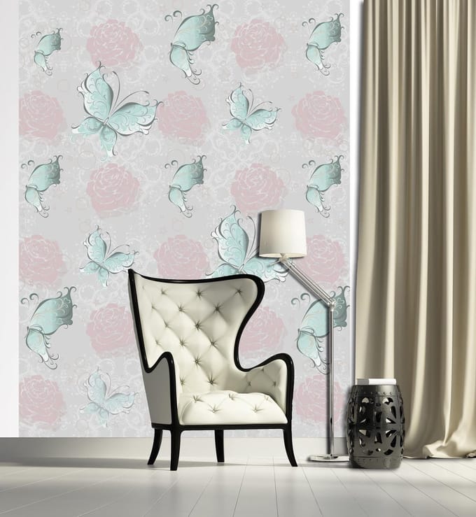 Butterlies and Roses Pattern Photo Wallcovering
