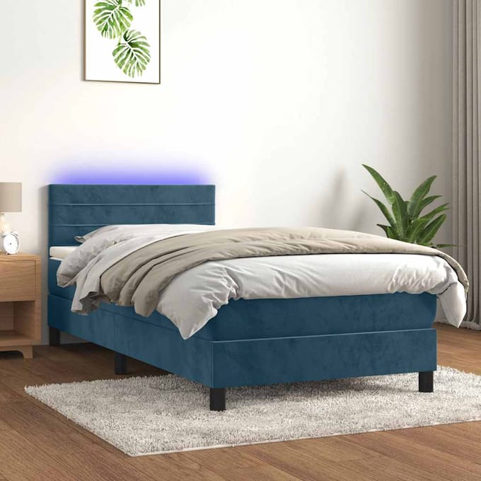 vidaXL - Boxspring - met - matras - en - LED - fluweel - donkerblauw - 90x200 - cm