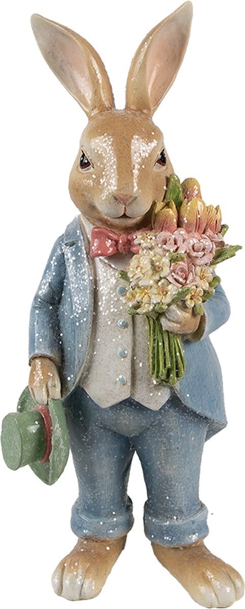 Clayre & Eef Decoratie Beeld Konijn 26 cm Bruin Blauw Kunststof