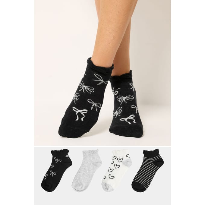 Yours 4Pack Zwarte Sneakersokken Met Strikprint Size 37-40