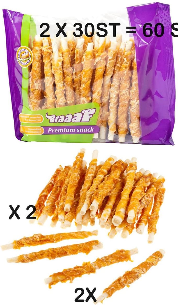 ** 2 X ** Braaf stick/kip 12 cm 280 gr x 2 = 560 gr Premium quality - graanvrij