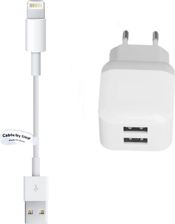 OneOne 2.4A lader met 2 poorten + 0,2m OneOne Lightning kabel. Oplader adapter past op Apple iPhone 5, iPhone 5c, iPhone 5s, iPhone 6, iPhone 6 Plus, iPhone 6s, iPhone 7, iPhone 7 Plus, iPhone 8, iPhone 8 Plus, iPhone SE, iPhone X