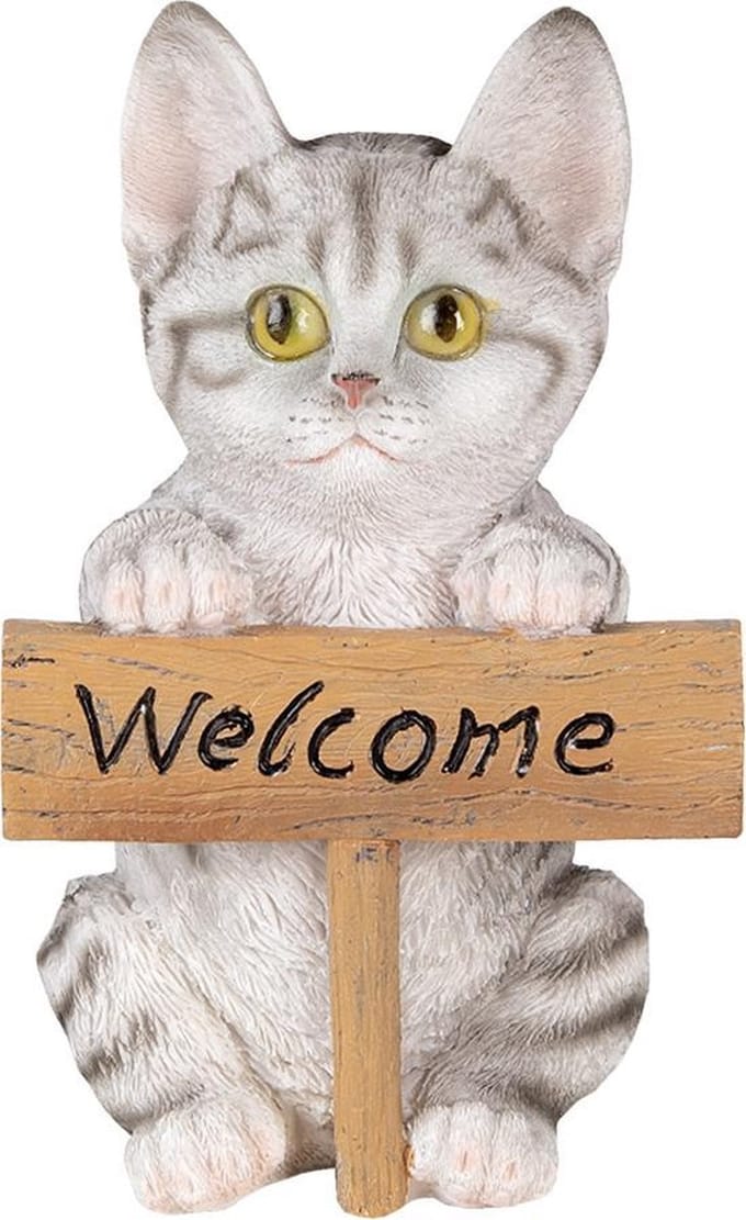 Clayre & Eef Beeld Kat 12x9x19 cm Wit Grijs Polyresin