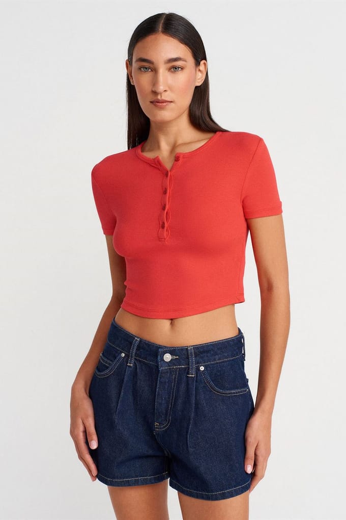 Slim Fit Crop Blouse Met Knopen