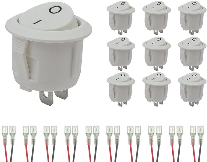 ProRide Wipschakelaar ON/OFF KCD2-202 - met Aansluitkabels - 2-pins - Rond ?20mm - 250V/6A - Wit - 10 stuks