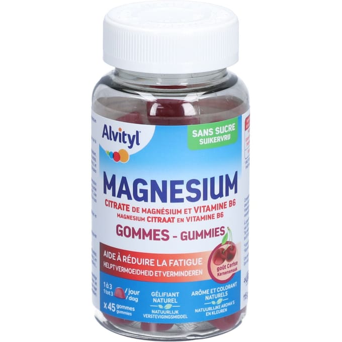 Alvityl Magnesium Gummies met Vitamine B6 - Extra energie - Bij vermoeidheid en stress - Suikervrij - Vanaf 12 jaar - Kersensmaak - 45 gummies