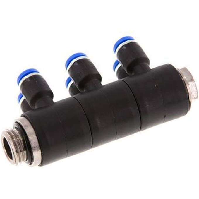 4mm x G1/4'' 6-way Manifold Messing/PA 66 Insteekfitting Buitendraad Draaibaar NBR