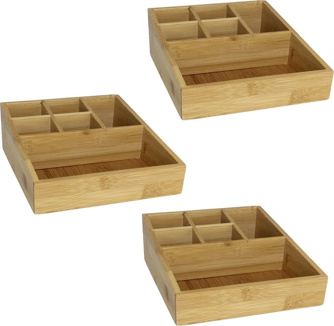 Gerim - Make-up sorteer organizer - 3x stuks - 6-vaks bakje - 17 x 21 x 9 cm - bamboe