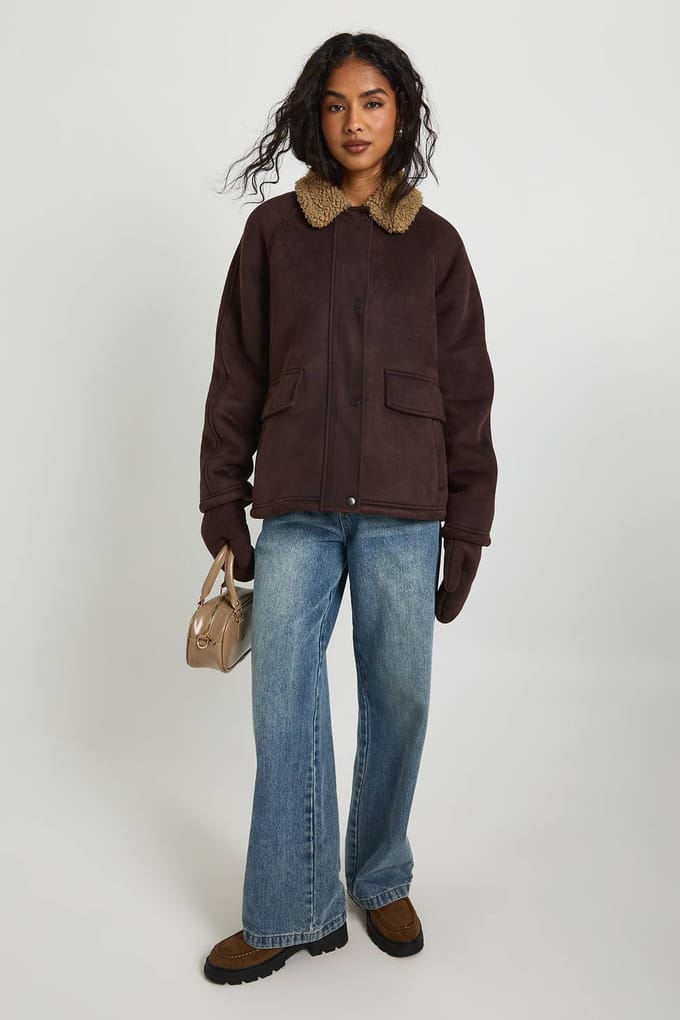 boohoo Dames Nep suede pilotenjas met wanten | Chocolate | Maat: 8